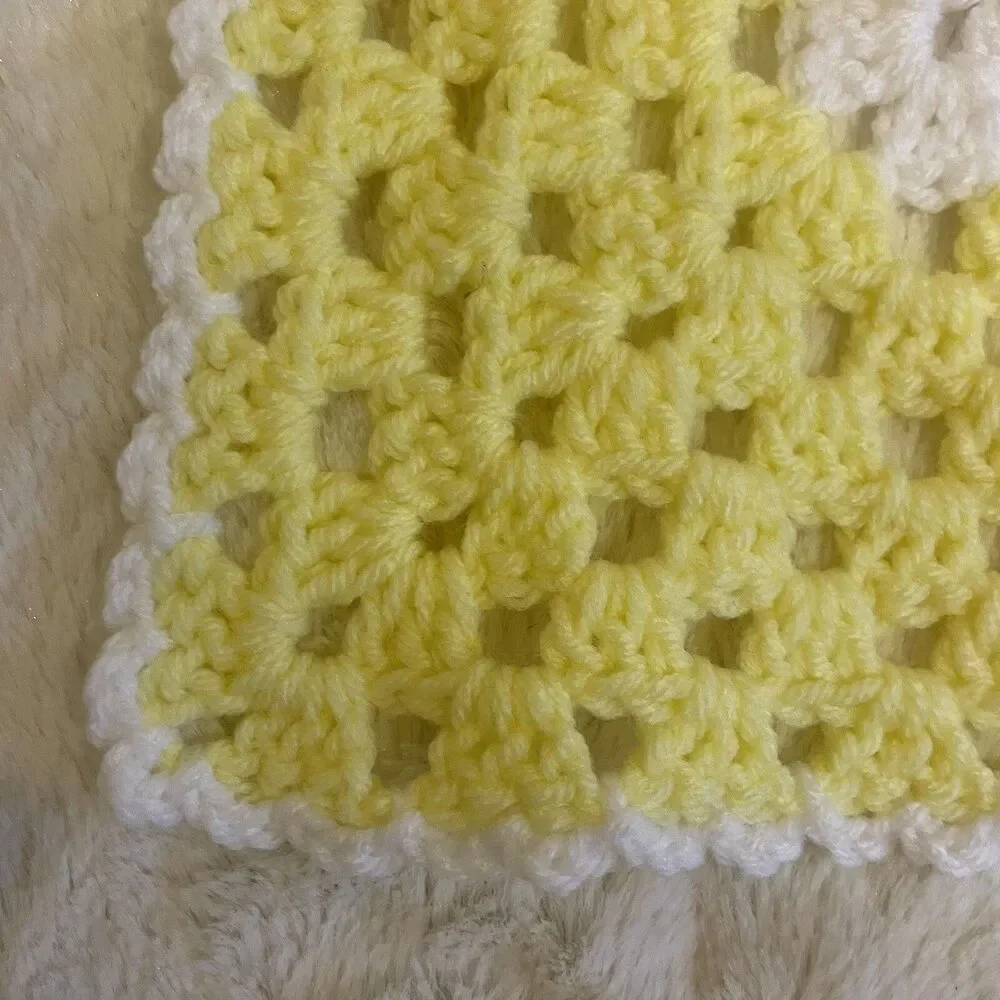 Afghan Blanket Knit Handmade Crochet Baby Throw Vintage 41” x 41” Yellow White